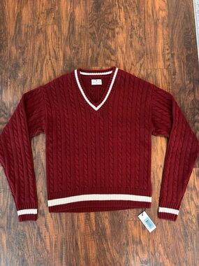 American Tall V-Neck Cable Knit Sweater in Burgundy with White Trim MXT Tall